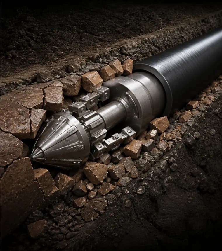 Cutaway illustration of trenchless pipe bursting equipment